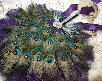 Purple and Teal Ostrich and Round Peacock Feather Fan Bouquet with Swarovski crystals in your choice of sizes and colors