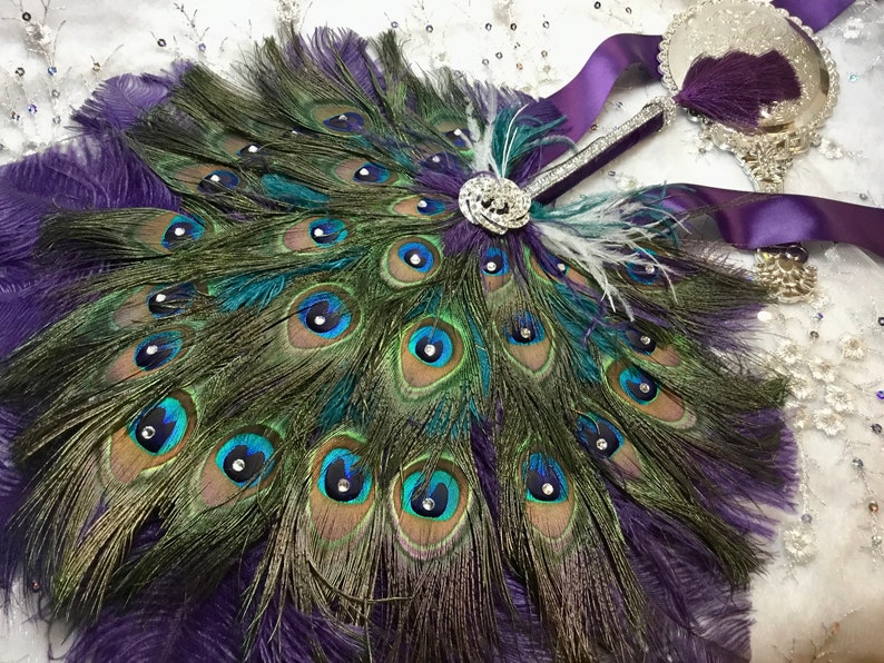 Round Peacock Feather and Dark Turquoise Ostrich Fan Bouquet with Swarovski crystals in your choice of sizes and colors image 5