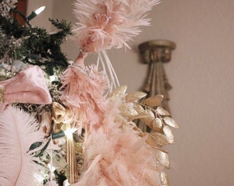 Blush Pink Peacock Christmas Tree Topper with Wraparound Boa Feather Tail