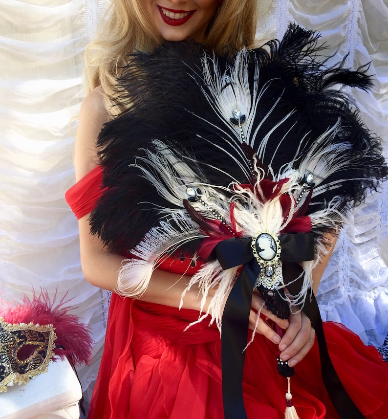 Gold Vintage Gatsby Gothic Victorian Feather Fan Bouquet in Black Silver and Deep Marsala Red