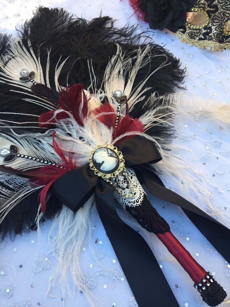 Gold Vintage Gatsby Gothic Victorian Feather Fan Bouquet in Black Silver and Deep Marsala Red