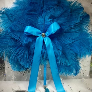 Round Peacock Feather and Dark Turquoise Ostrich Fan Bouquet with Swarovski crystals in your choice of sizes and colors image 4