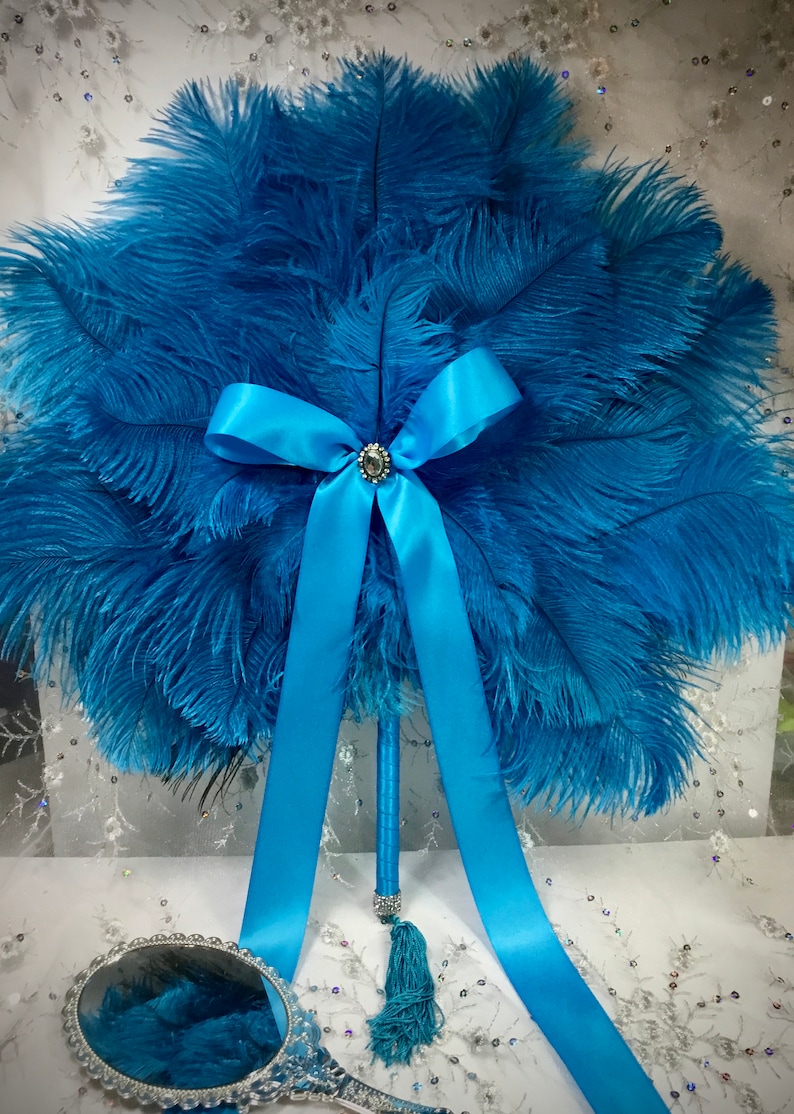 Round Peacock Feather and Dark Turquoise Ostrich Fan Bouquet with Swarovski crystals in your choice of sizes and colors image 4