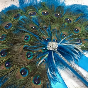 Round Peacock Feather and Dark Turquoise Ostrich Fan Bouquet with Swarovski crystals in your choice of sizes and colors image 1