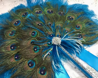 Round Peacock Feather and Dark Turquoise Ostrich Fan Bouquet with Swarovski crystals in your choice of sizes and colors