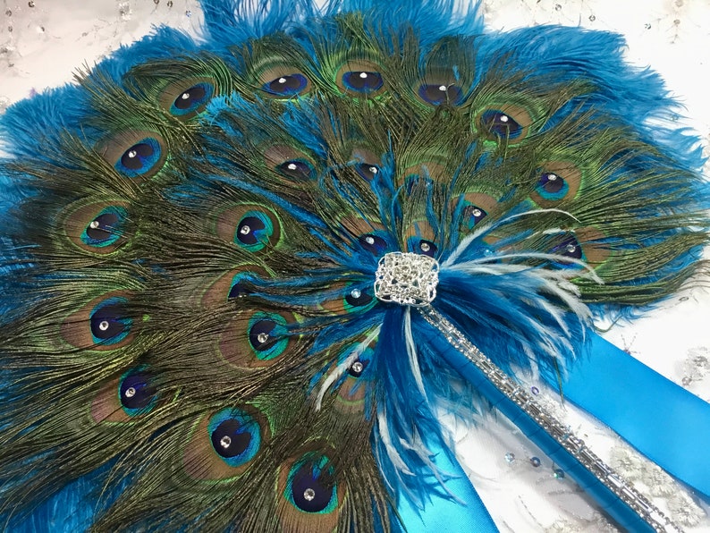 Round Peacock Feather and Dark Turquoise Ostrich Fan Bouquet with Swarovski crystals in your choice of sizes and colors image 1