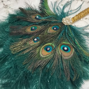 Gold and Teal Ostrich and Peacock Feather Fan with Sword Feathers in Gold or Silver in your choice of sizes and colors image 9