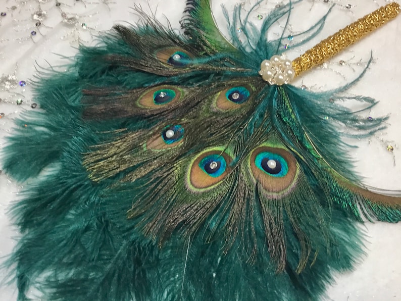 Gold and Teal Ostrich and Peacock Feather Fan with Sword Feathers in Gold or Silver in your choice of sizes and colors image 9