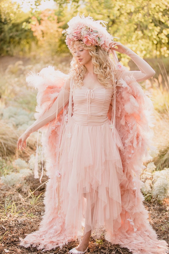 light pink dress with feathers A.L.C. Opal Feather Trimmed Mini Dress in Dusty Rose, Size 0
