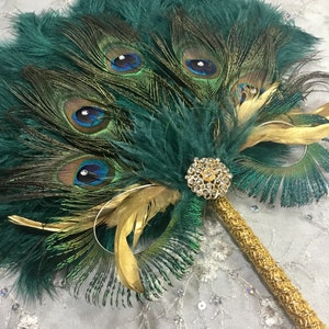 Gold and Teal Ostrich and Peacock Feather Fan with Sword Feathers in Gold or Silver in your choice of sizes and colors image 3