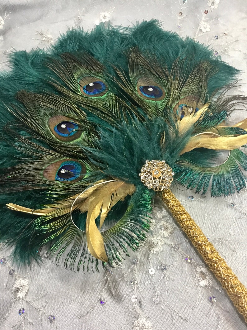 Gold and Teal Ostrich and Peacock Feather Fan with Sword Feathers in Gold or Silver in your choice of sizes and colors image 3