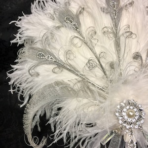 Luxurious Gatsby Ostrich Feather Bridal Wedding Fan with Silver Curled Peacock Feathers Crystals and Jewels
