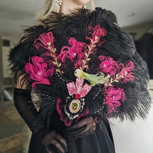 Bridgerton Ball Regencycore Extravagant Black Ostrich and Fuchsia Peacock Feather Fan Bouquet with Lime Green in your choice of colors image 8