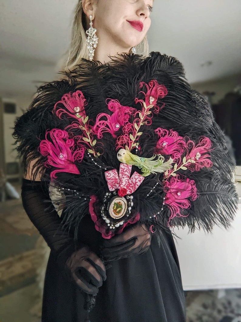 Bridgerton Ball Regencycore Extravagant Black Ostrich and Fuchsia Peacock Feather Fan Bouquet with Lime Green in your choice of colors image 8