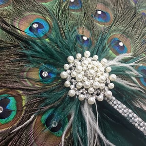 Round Peacock Feather and Dark Turquoise Ostrich Fan Bouquet with Swarovski crystals in your choice of sizes and colors image 10