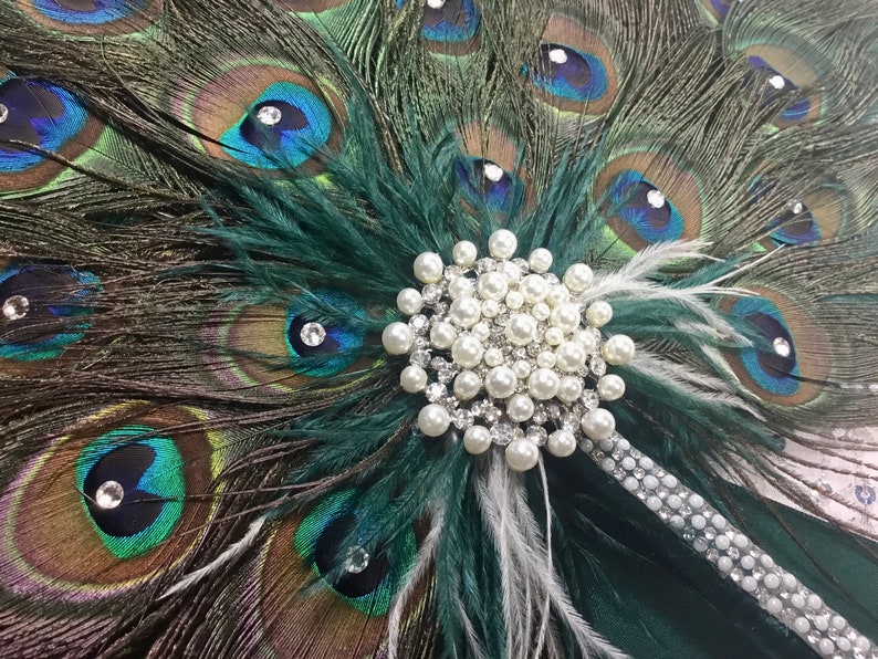 Round Peacock Feather and Dark Turquoise Ostrich Fan Bouquet with Swarovski crystals in your choice of sizes and colors image 10