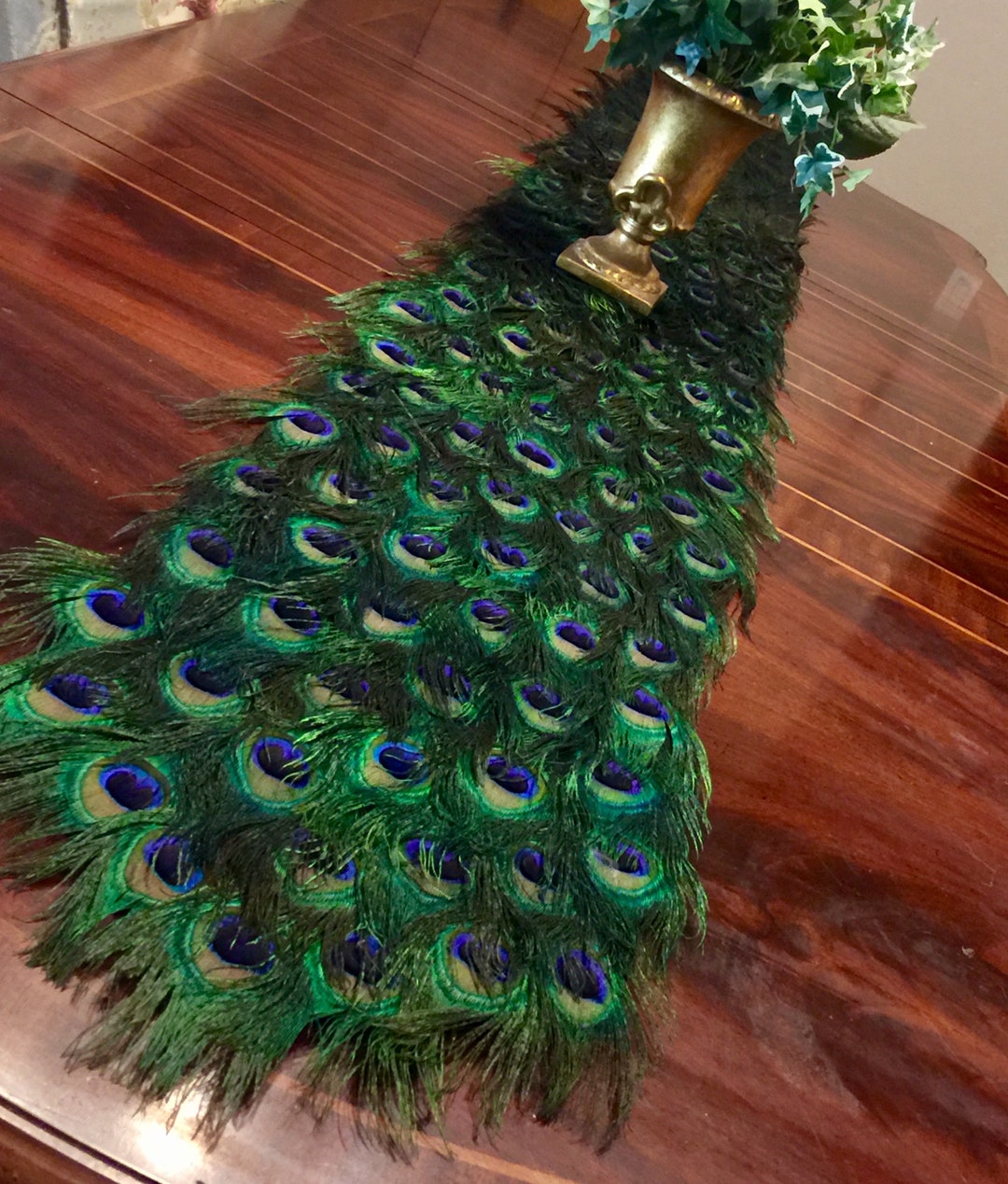 JanJCurt Boho Feather Table Runner - 13x70in Vintage Peacock Feather Print, Cotton Linen For Wedding, Party, Home Decor