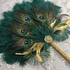 Gold and Teal Ostrich and Peacock Feather Fan with Sword Feathers in Gold or Silver in your choice of sizes and colors image 2