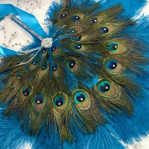 Round Peacock Feather and Dark Turquoise Ostrich Fan Bouquet with Swarovski crystals in your choice of sizes and colors image 3
