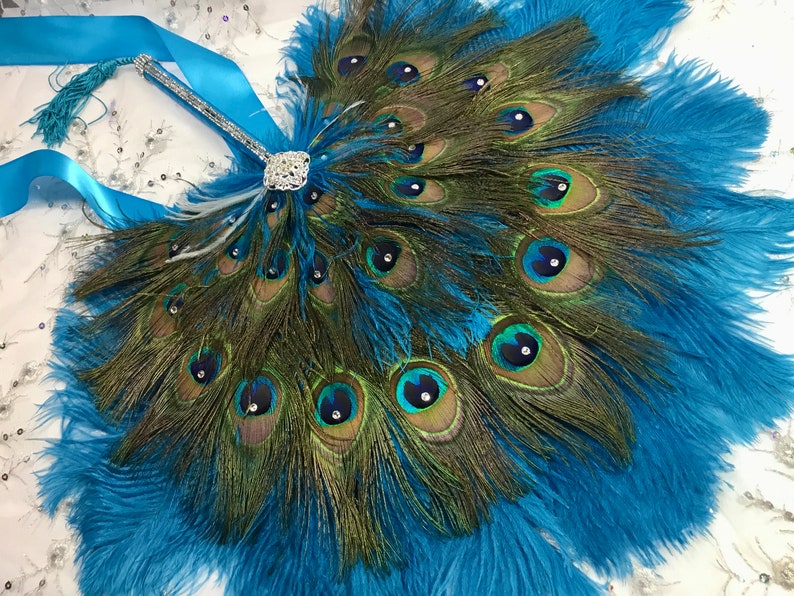 Round Peacock Feather and Dark Turquoise Ostrich Fan Bouquet with Swarovski crystals in your choice of sizes and colors image 3