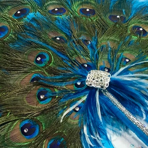 Round Peacock Feather and Dark Turquoise Ostrich Fan Bouquet with Swarovski crystals in your choice of sizes and colors image 2