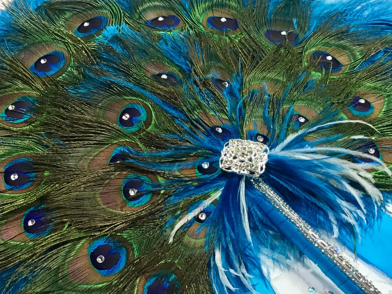 Round Peacock Feather and Dark Turquoise Ostrich Fan Bouquet with Swarovski crystals in your choice of sizes and colors image 2