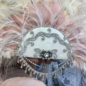 Romantic Rococo White Peacock Feather and Rose Blush Bridal Fan Bouquet with Elaborate Details AND CRYSTAL HANDLE image 2