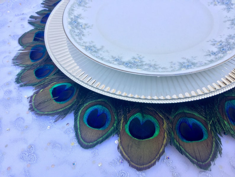 May include: A white dinner plate with a floral pattern sits on top of a white charger plate with a silver rim. The plates are surrounded by a ring of peacock feathers with blue and green eyes.