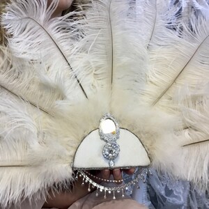 Romantic Rococo White Peacock Feather and Rose Blush Bridal Fan Bouquet with Elaborate Details AND CRYSTAL HANDLE image 9