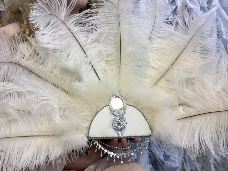 Romantic Rococo White Peacock Feather and Rose Blush Bridal Fan Bouquet with Elaborate Details AND CRYSTAL HANDLE image 9