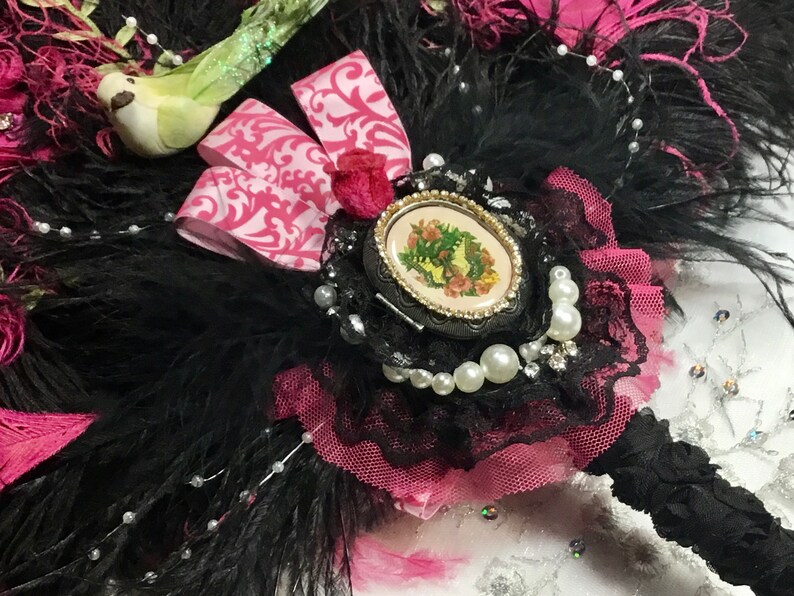 Bridgerton Ball Regencycore Extravagant Black Ostrich and Fuchsia Peacock Feather Fan Bouquet with Lime Green in your choice of colors image 4