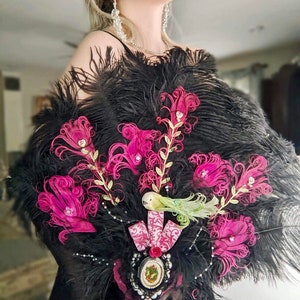 Bridgerton Ball Regencycore Extravagant Black Ostrich and Fuchsia Peacock Feather Fan Bouquet with Lime Green in your choice of colors image 2