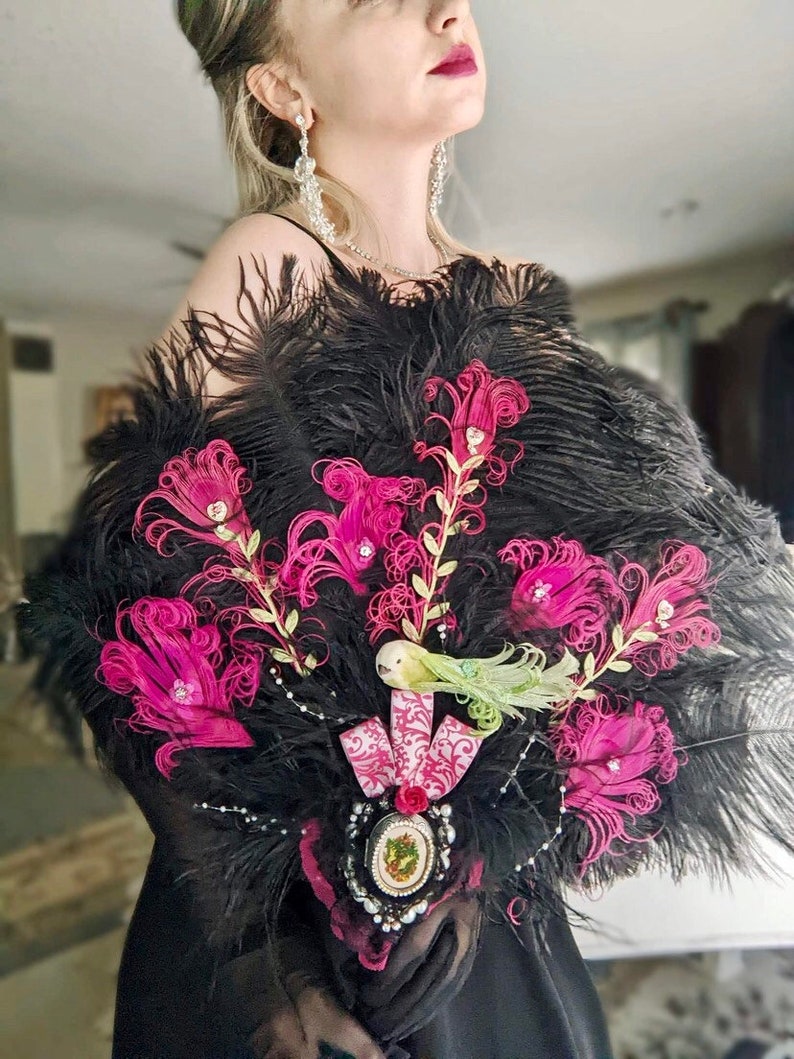 Bridgerton Ball Regencycore Extravagant Black Ostrich and Fuchsia Peacock Feather Fan Bouquet with Lime Green in your choice of colors image 2