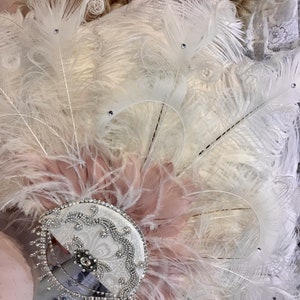 Romantic Rococo White Peacock Feather and Rose Blush Bridal Fan Bouquet with Elaborate Details AND CRYSTAL HANDLE image 4