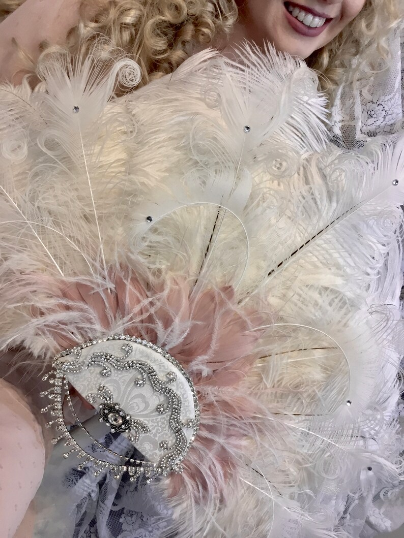 Romantic Rococo White Peacock Feather and Rose Blush Bridal Fan Bouquet with Elaborate Details AND CRYSTAL HANDLE image 4