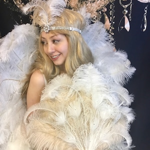 Romantic Rococo White Peacock Feather Wedding Fan with Elaborate Details  - DUAL USE Silver Handheld Fan AND Home Decor Display