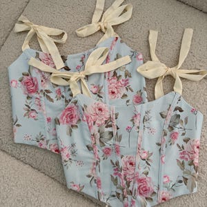 Floral Corset Top: Light Blue Lace-Up Romantic Women&#39;s Corset