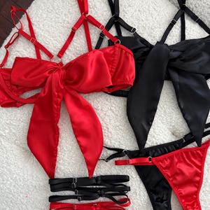 Bow Bra lingerie Set, Hot Red Lingerie Set with Garter, Large Exquisite Bow Satin Lingerie Women Sexy Set, String Ladies Lingerie bow set