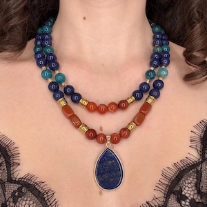 Multistrand Blau Lapis Perlen Halskette Naturstein Türkis Rot Achat Chunky Halskette Passendes Geschenk für ihren Freund Kostenlose Make-up Reisetasche