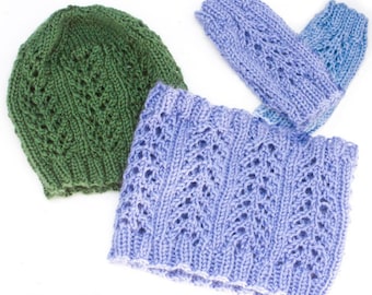 Easy Lace Knitting Patterns Gloves Hat Cowl, Caron Simply Soft Yarn