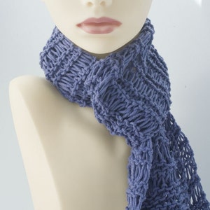 Knit Cotton Skinny Scarf, Light Weight Scarf, Soft Denim Blue image 2