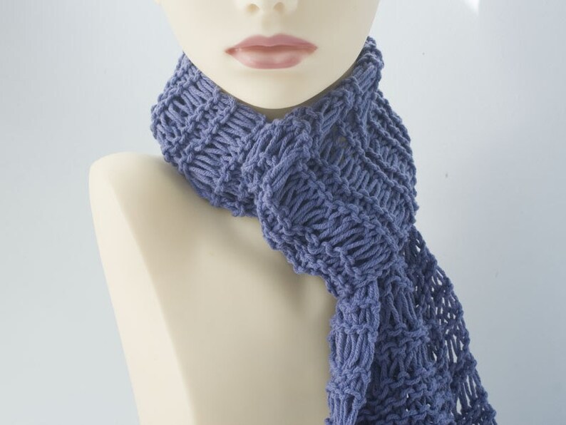 Knit Cotton Skinny Scarf, Light Weight Scarf, Soft Denim Blue image 2