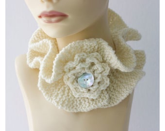 Knit Ruffle Neck Scarf, Flower Buttoned Cowl Neck Warmer