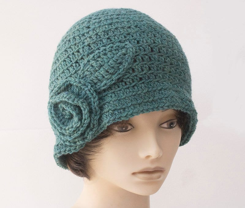 1920's Flapper Hat, Cloche Hat, Wool Flower Hat with Leaf, Choose Color