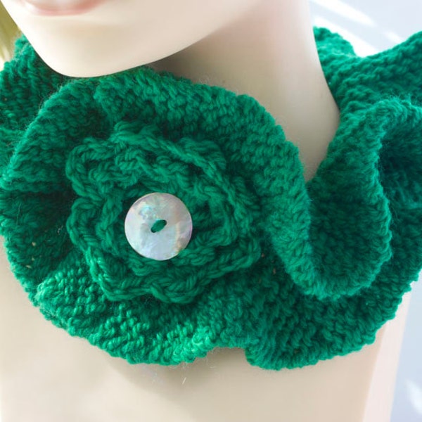 Knit Buttoned Cowl Scarf,  Ruffle Scarf,  Flower Neck Scarf, Emerald Green