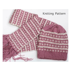 Two Mosaic Color Work Knitting Patterns, Reversible Scarf,  Beanie Hat