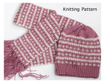 Two Mosaic Color Work Knitting Pattern Bundle, Knit Reversible Scarf Pattern, Knit Beanie Hat Pattern, Knit Scarf Pattern