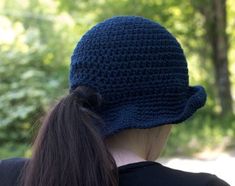 Custom Cotton Ponytail Sun Hat Women, Hand Crocheted Brimmed Cloche