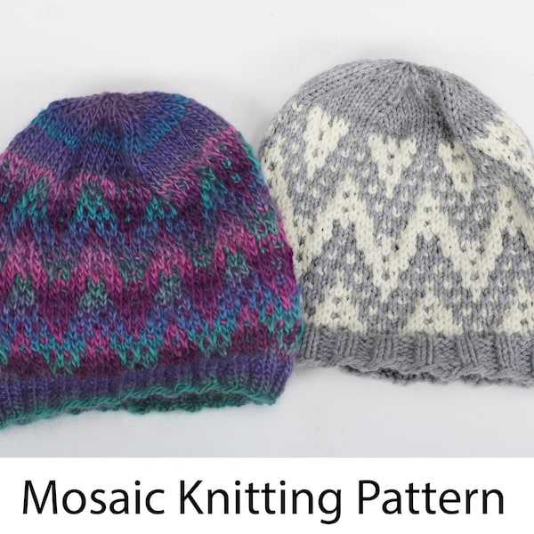 Easy Mosaic Knitting Beanie Hat Pattern, Chevron
