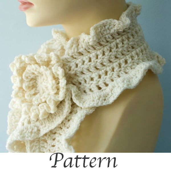 Crochet  Scarf  Pattern Download, Crocheted Flower Scarf Pin, PDF Crochet Pattern for Ruffle Scarf